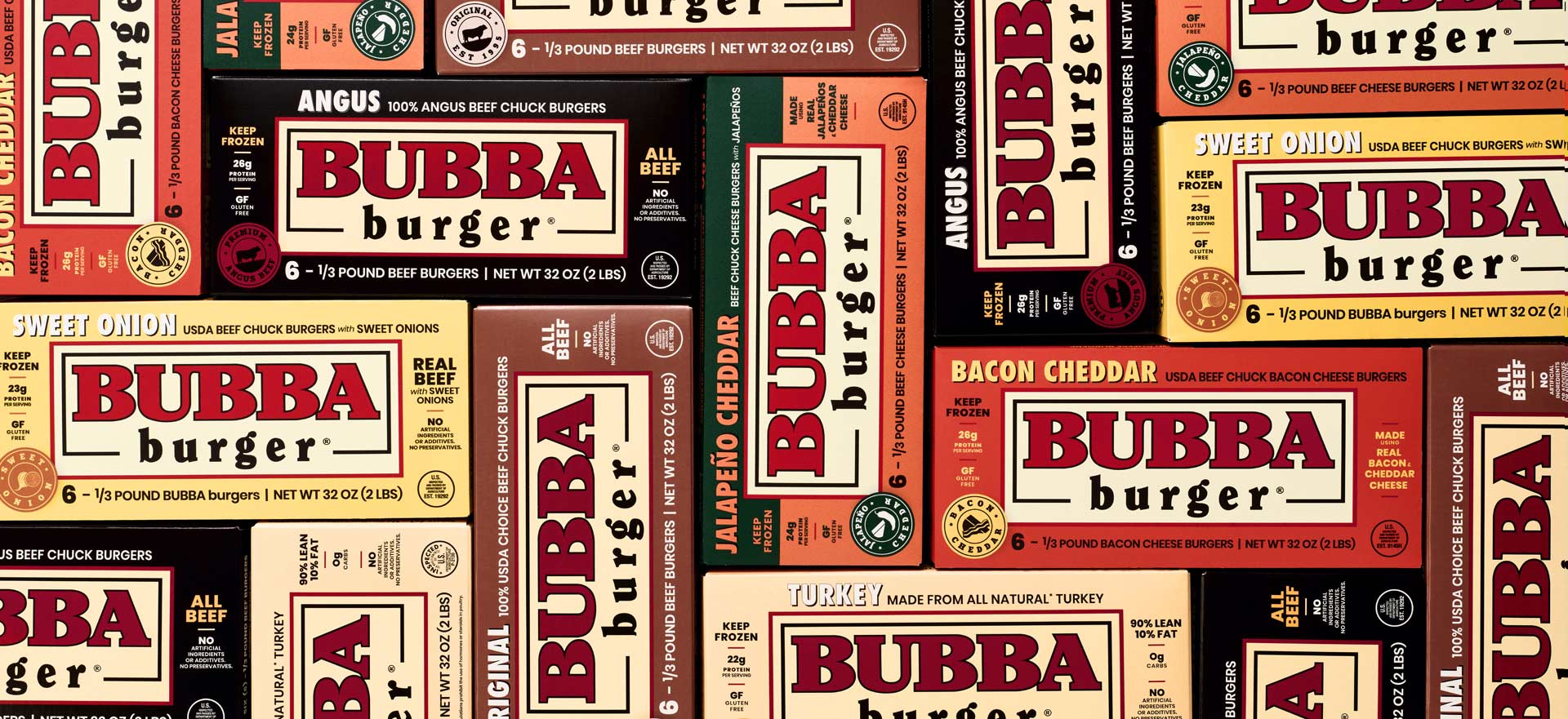 A collage of BUBBA burger® packages displaying the variety of flavors