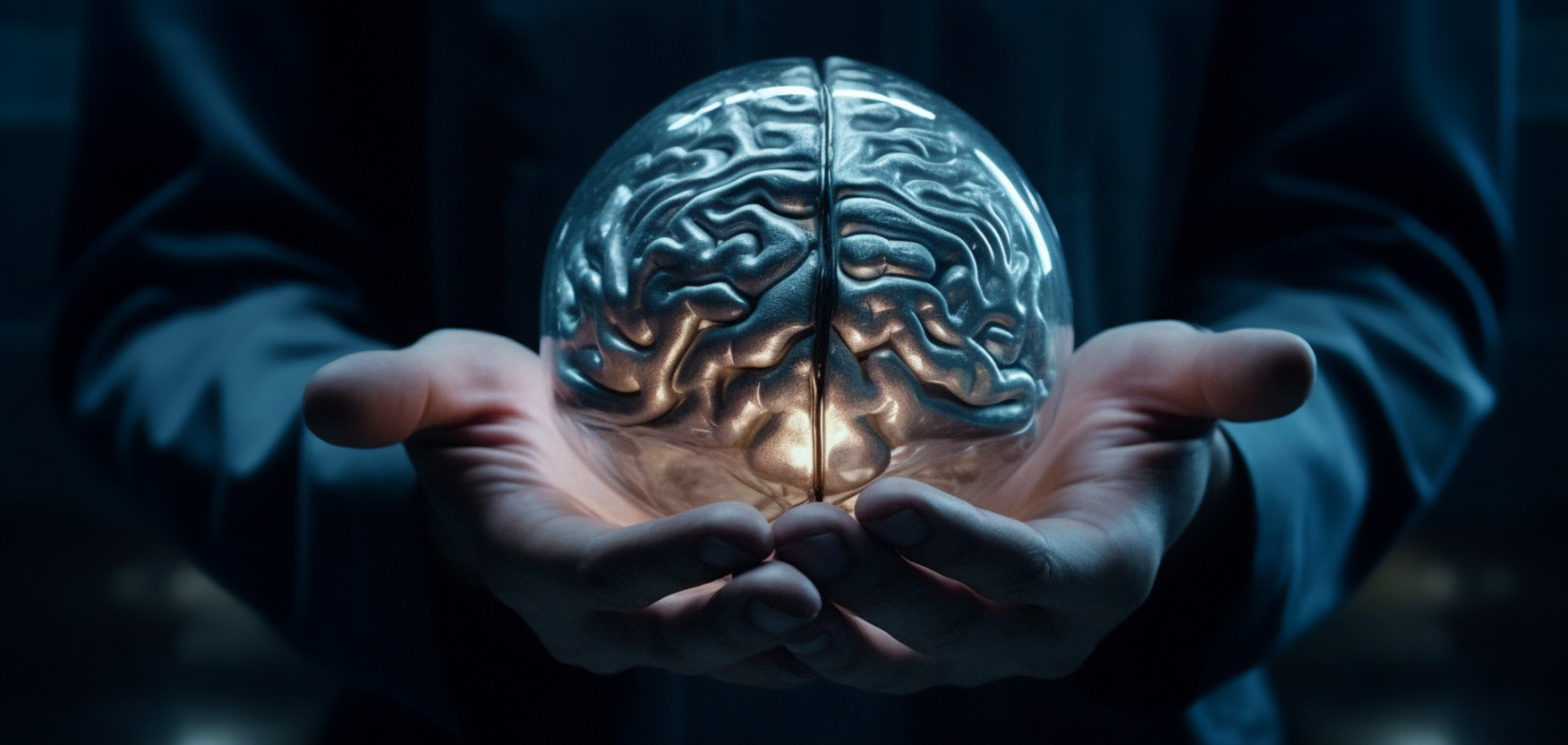 A metallic brain rests in an individual’s cupped hands, representing the concept of artificial intelligence resting in the palms of our hands