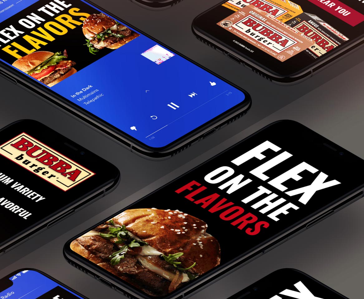 Phone mock-ups displaying some of the creative ads raun in the BUBBA Bburger® campaign 