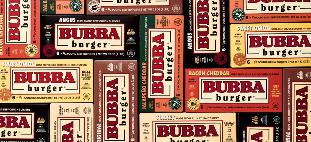 A collage of BUBBA burger® packages displaying the variety of flavors