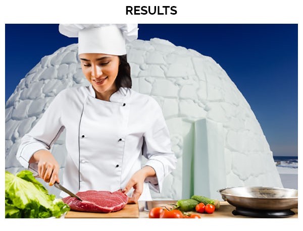 a chef cooking a steak with an igloo in the background 