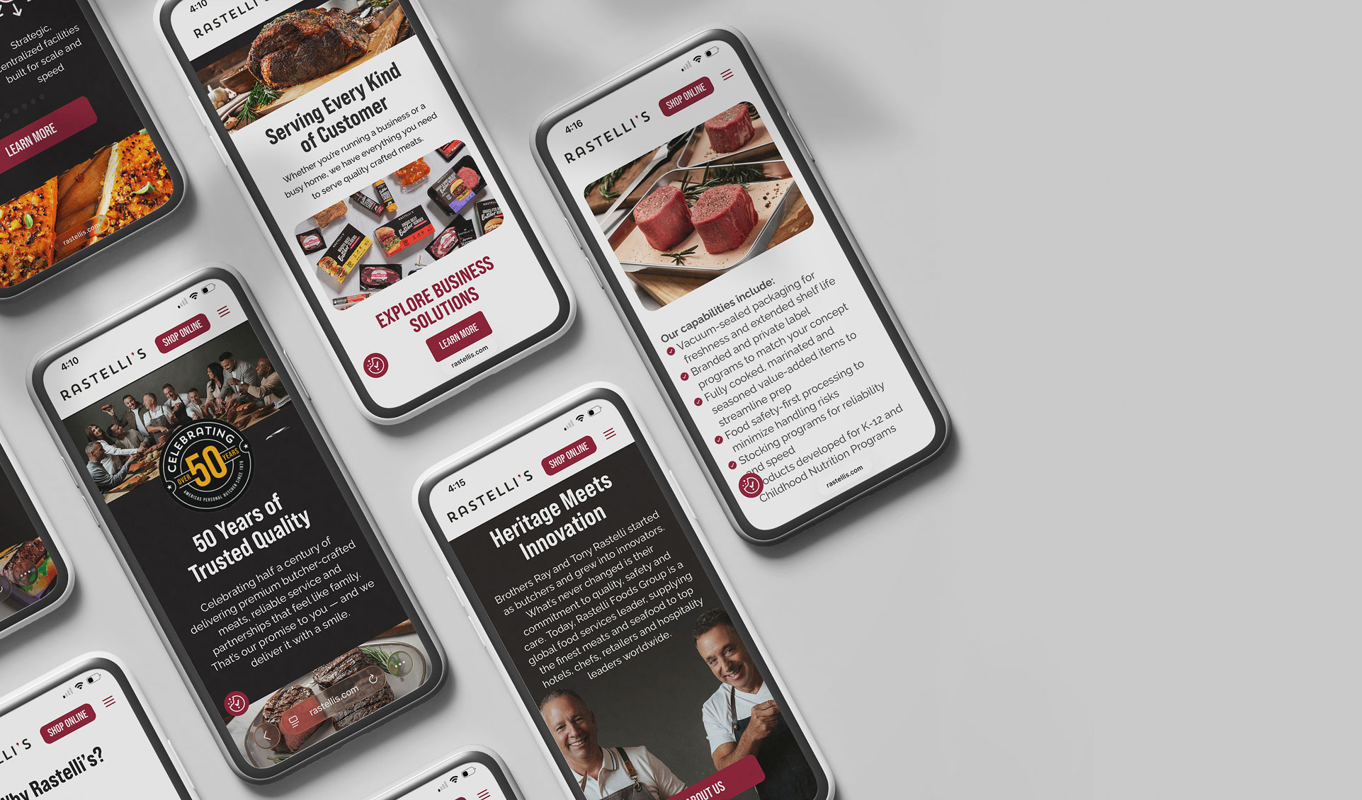 Mobile views of the Rastelli website displayed on several phones
