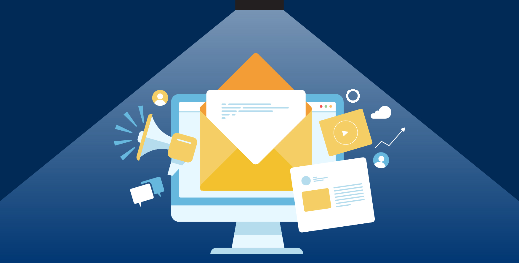 a graphic of a computer with envelope and megaphone