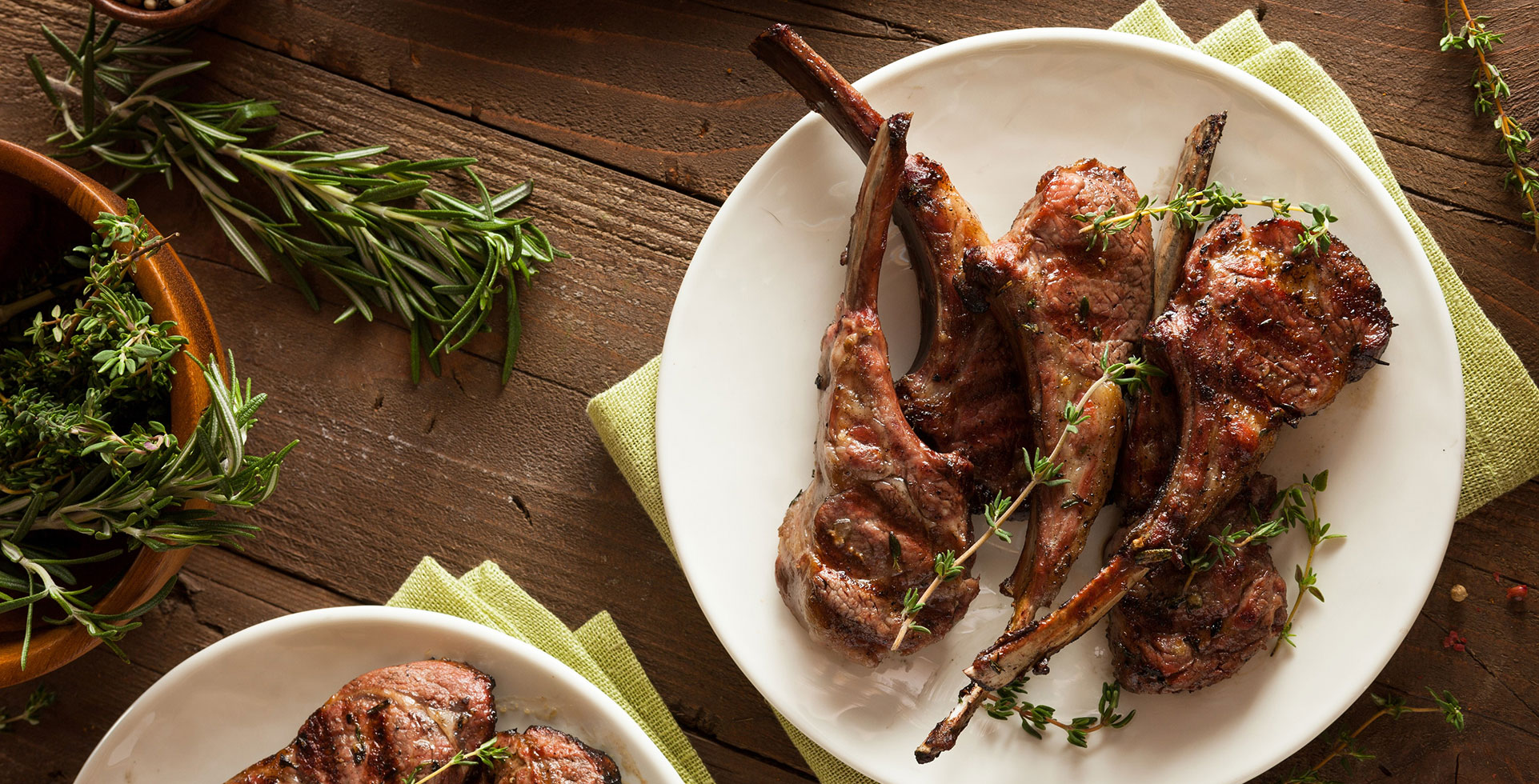 An overhead view of cooked and plated lamb
