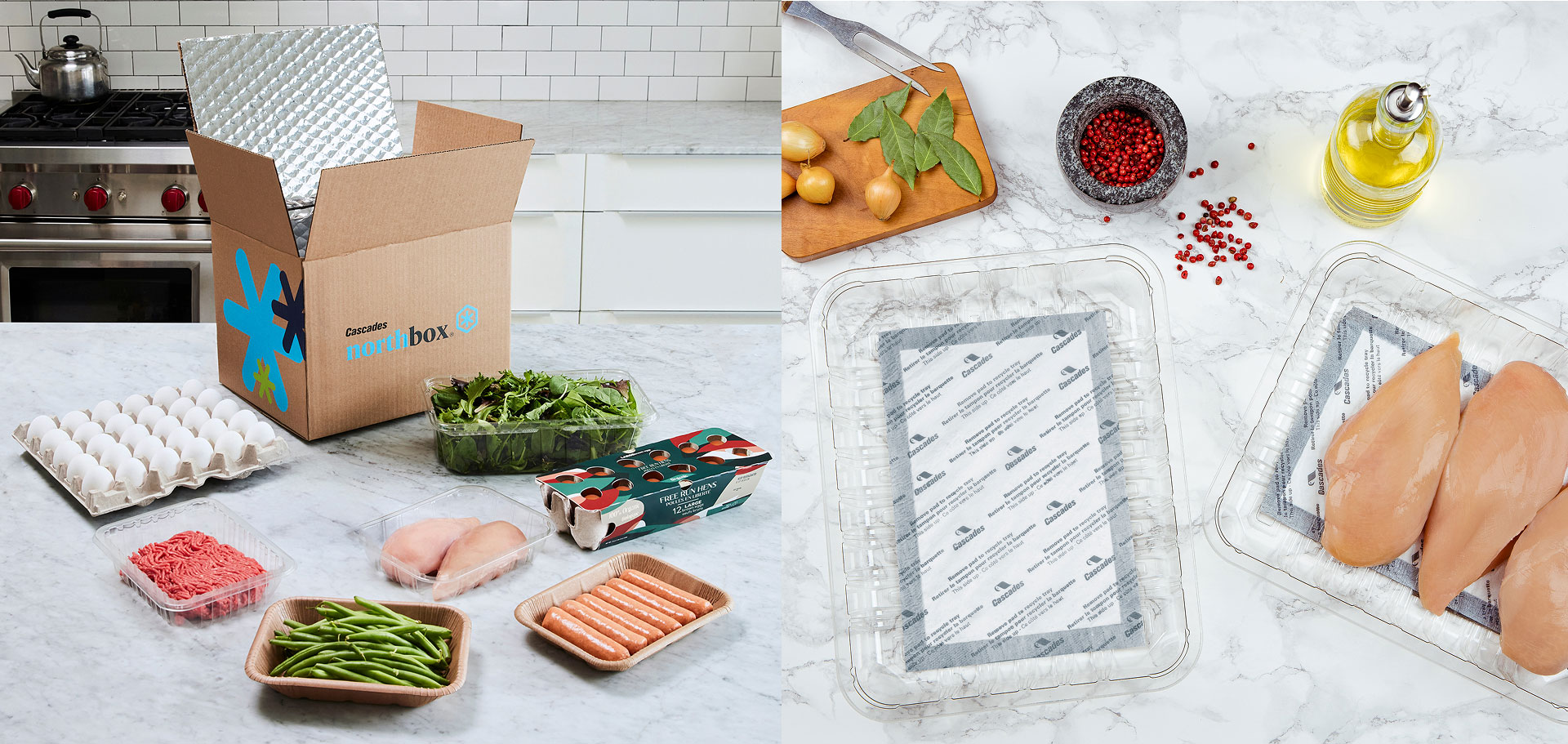 Various food delivery items including chicken, beef and vegetables